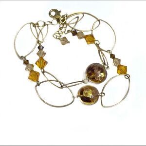 Italian Murano gold glass bead -gold vermeil chain sterling silver bracelet-8" +